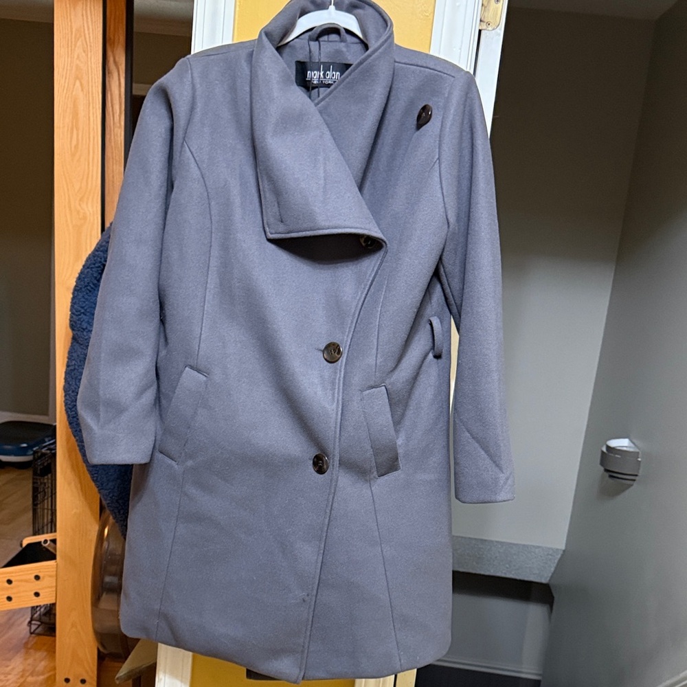 Mark Alan New York Charcoal Asymmetrical Wrap Coat XL Funnel Neck Peacoat Jacket